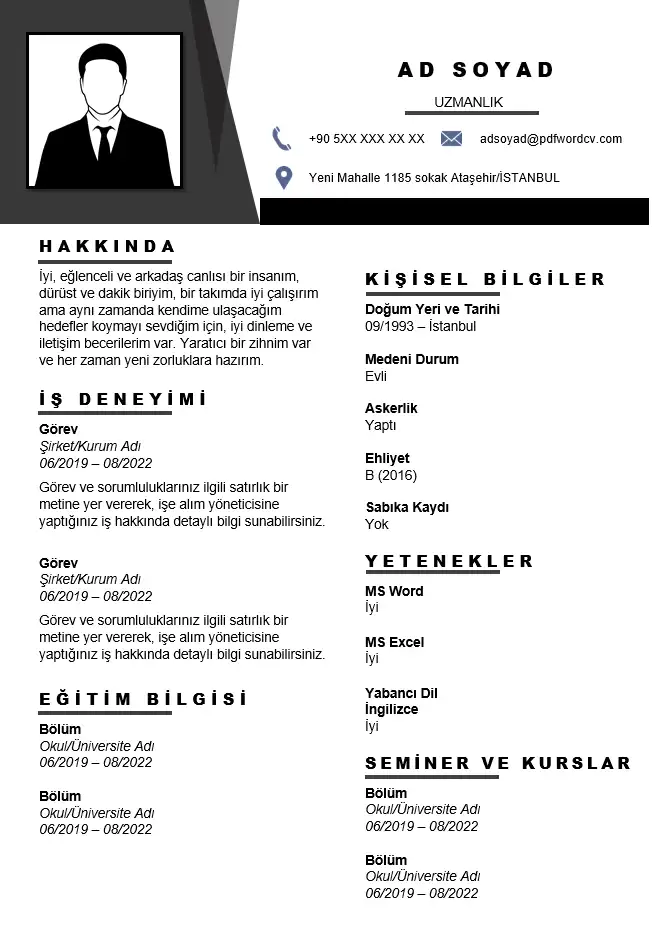 Fotoğraflı CV Hazırlama Siyah beyaz tasarıma ve fotoğraf alanına sahip modern Word CV örneği