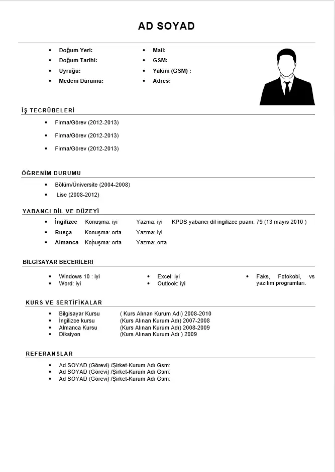 Fotoğraflı CV Hazırlama Fotoğraf alanı ve klasik bölüm düzeni bulunan sade Word CV örneği