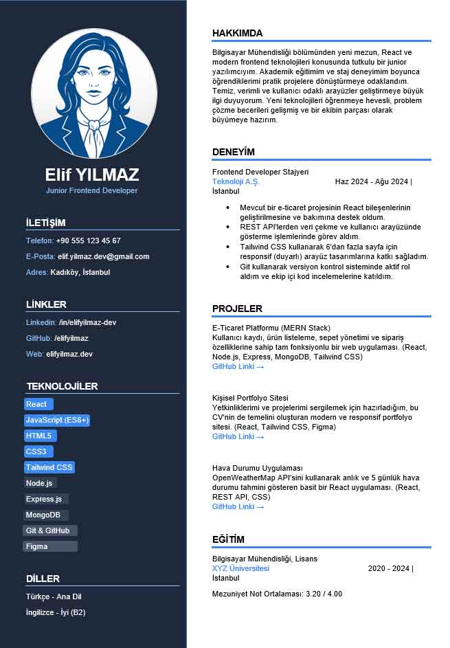 Junior Frontend Developer Yazılımcı CV örneği