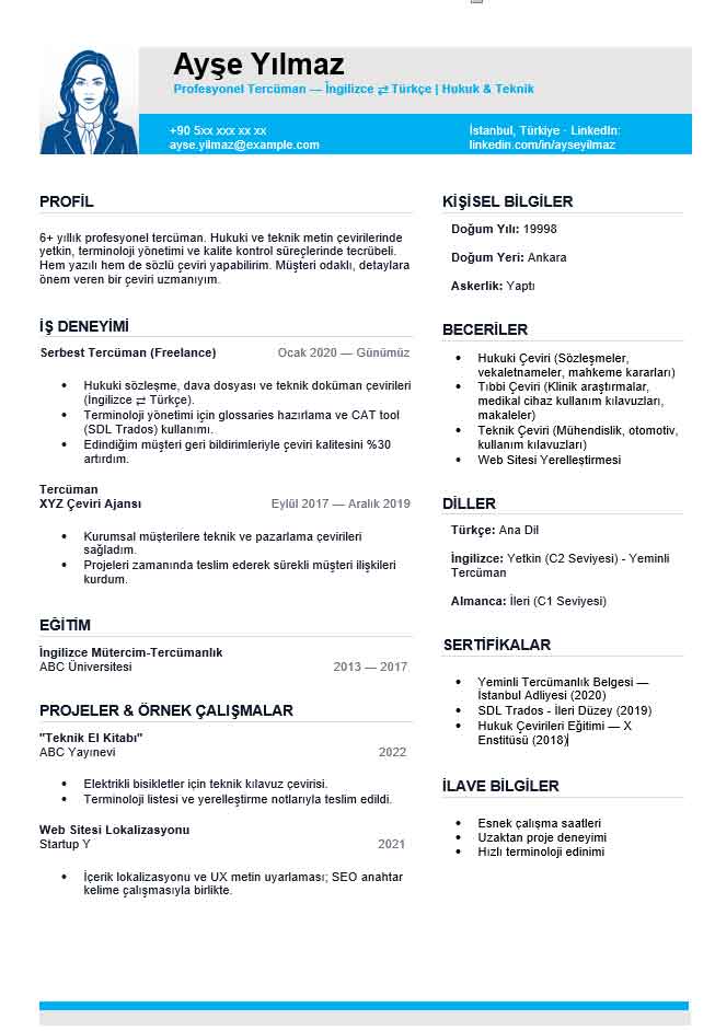 Tercüman CV Örnekleri Tercümanlar için Word CV Örneği