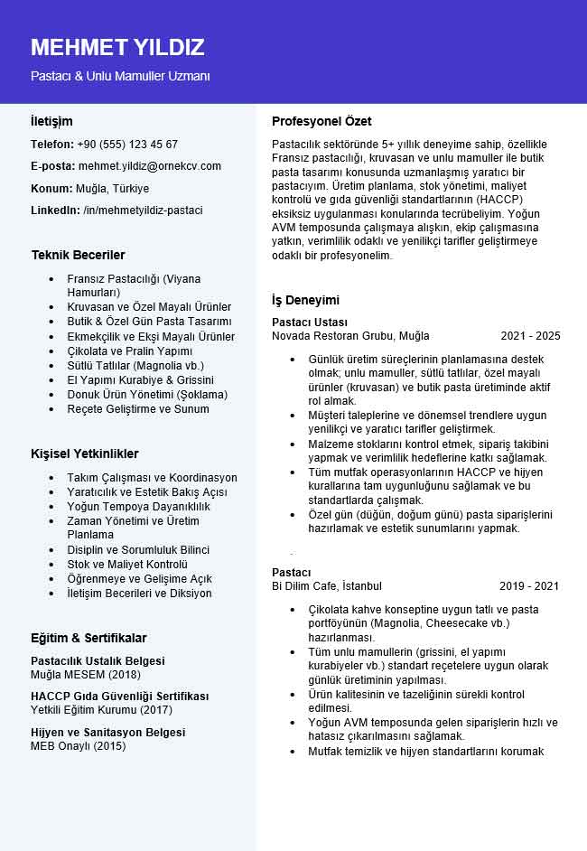 pastacı CV örneği word