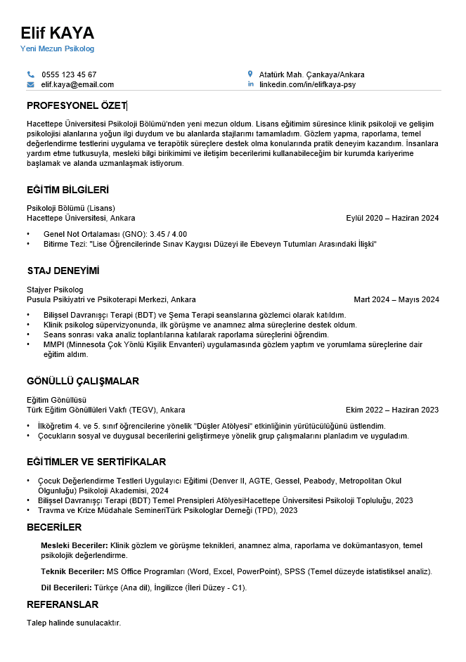 Yeni Mezun Psikolog CV Örnekleri ünivers,iteden yeni mezun olmuş deneyimsiz psikolog cv örneği