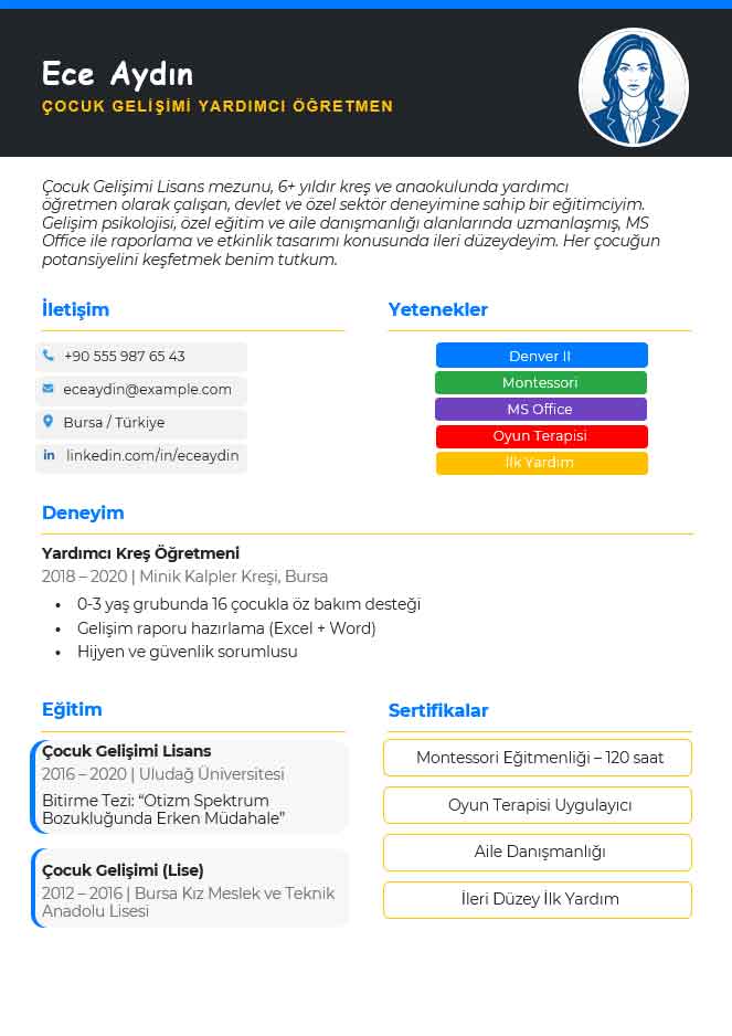 Yardımcı öğretmen CV örneği çocuk gelişimi bölümü mezunları için lise, önlisan ve lisans