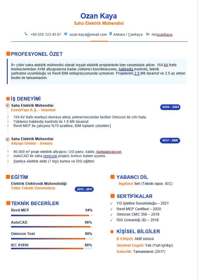 Deneyimli elektrik mühendisi CV örneği