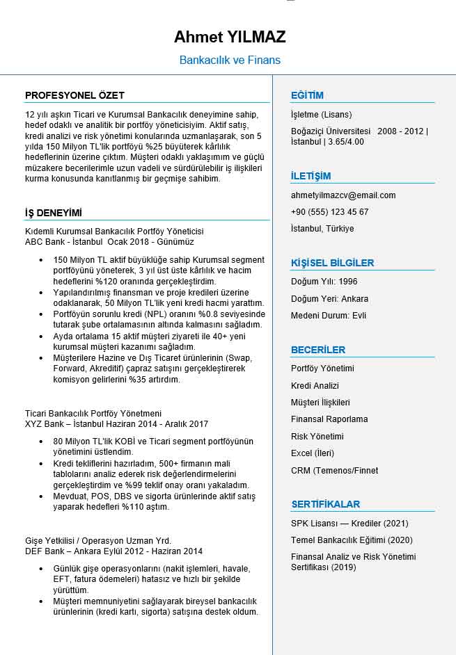 Banka CV Örnekleri ve Bankacılık Sektörüne Özel CV Hazırlama Rehberi Bankacı CV Örneği ve Hazırlanması