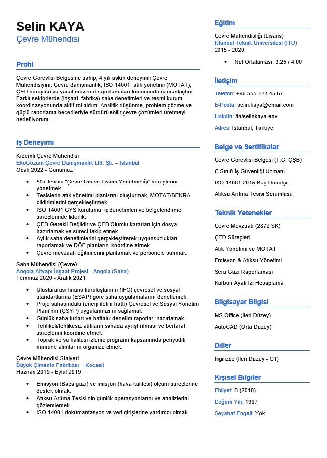 Çevre Mühendisi CV Örnekleri ve İpuçları Çevre mühendisi CV örneği Word formatında ücretsiz deneyimli deneyimsiz