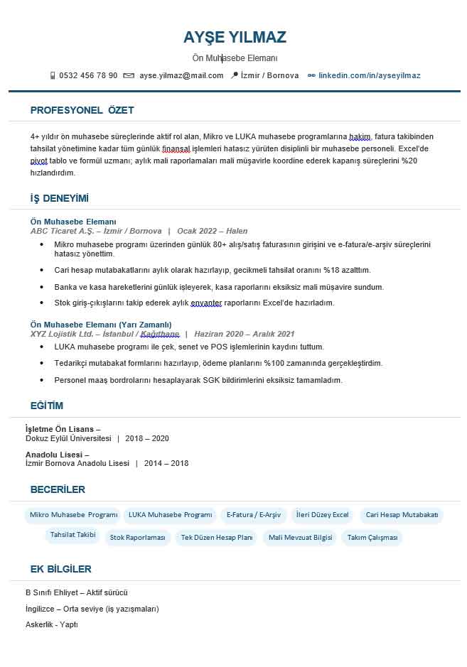 Ön Muhasebe CV'si Nasıl Hazırlanır? Adım Adım Rehber ön muhasebe CV örneği