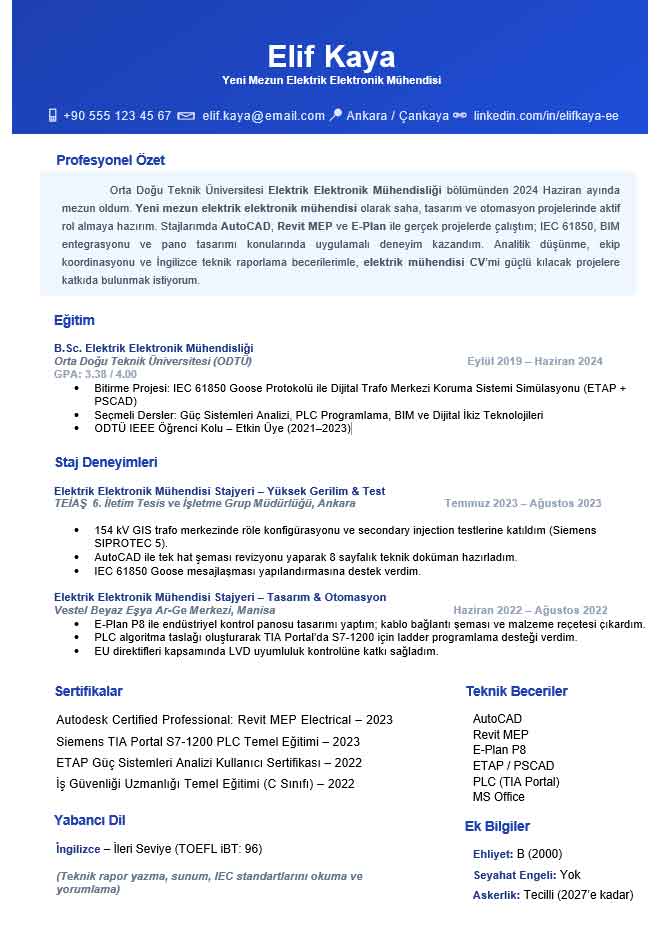 yeni mezun elektrik elektronik mühendisi CV örneği