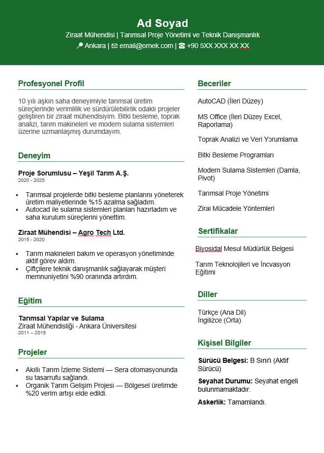 Ziraat mühendisi CV örneği ücretsiz örnek word belgesi