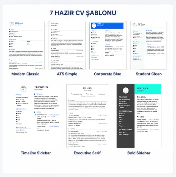 Ücretsiz CV Hazırlama: Online CV Oluşturucu ile Profesyonel CV Hazırlayın Modern Classic, ATS Simple, Corporate Blue ve diğer hazır CV şablonları