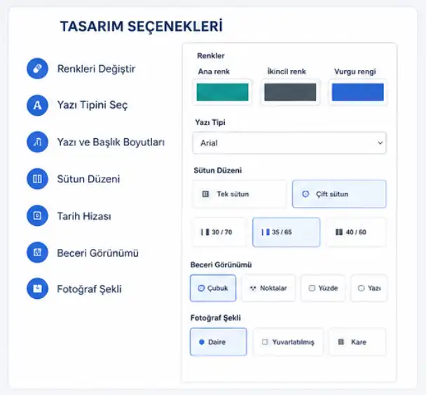 Ücretsiz CV Hazırlama: Online CV Oluşturucu ile Profesyonel CV Hazırlayın Farklı renk, yazı tipi, sütun ve fotoğraf seçenekleriyle ücretsiz CV tasarlama