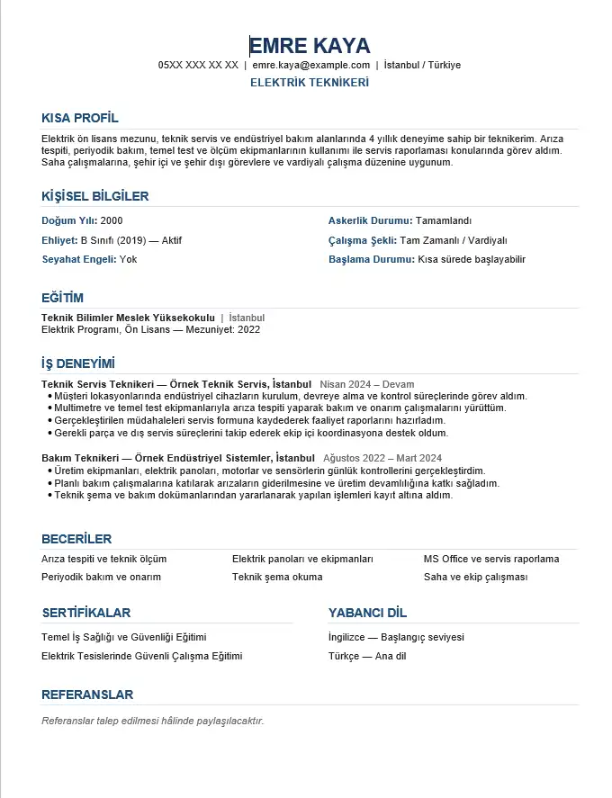 Tekniker CV Elektrik teknikeri için hazırlanmış sade ve tek sayfalık Word CV örneği
