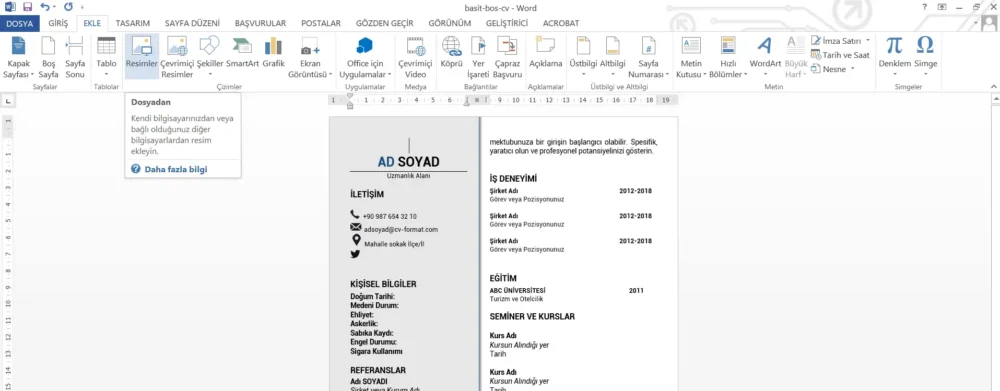 Fotoğraflı CV Hazırlama Microsoft Word Ekle sekmesinden fotoğrafsız CV'ye resim ekleme