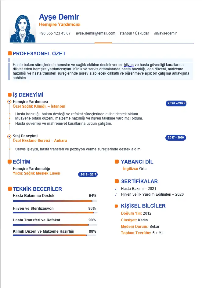 Hemşire Yardımcısı CV Örneği - Word Şablonu Hemşire yardımcısı CV örneği Word şablonu