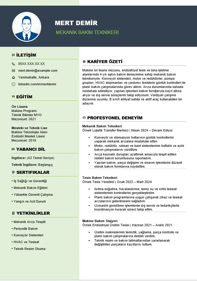 Tekniker CV Modern Mekanik Bakım Teknikeri CV Şablonu