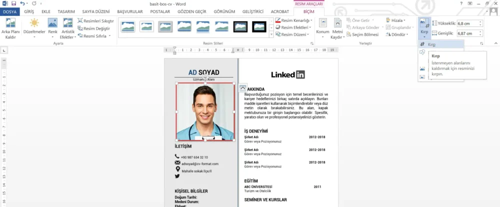 Fotoğraflı CV Hazırlama Word Resim Araçları menüsünden CV fotoğrafını kırpma
