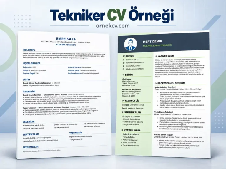 Elektrik teknikeri ve mekanik bakım teknikeri için hazırlanmış iki farklı Word CV örneği