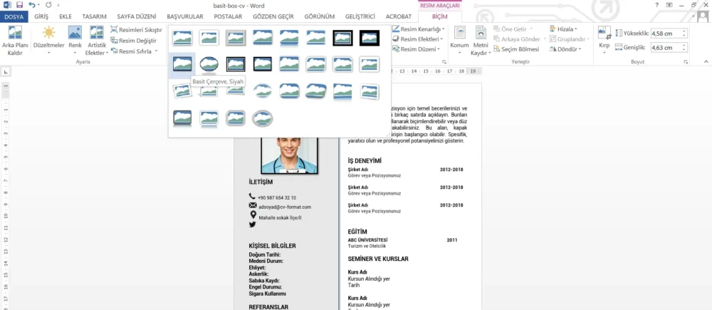 Fotoğraflı CV Hazırlama Word CV fotoğrafının genel görünümünü Resim Stilleri ile değiştirme
